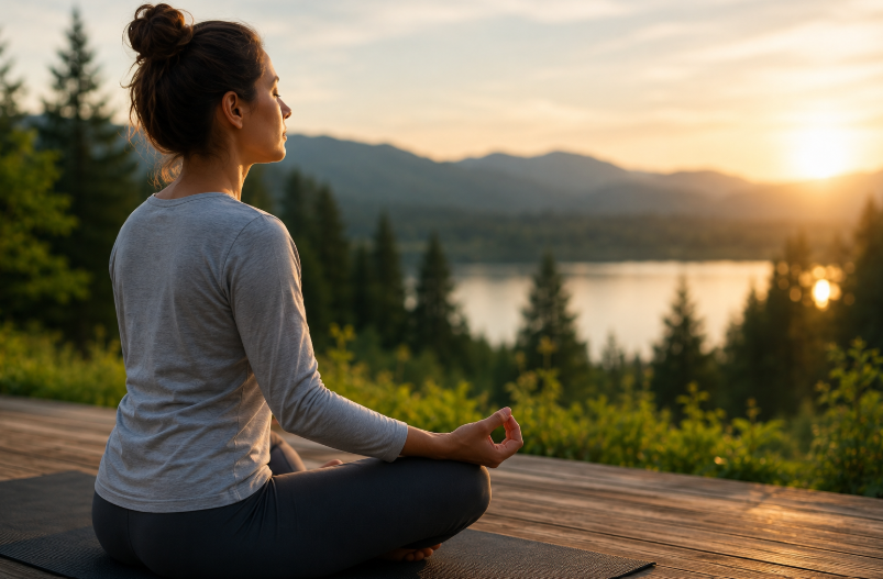 woman-meditating-by-lake-at-sunset