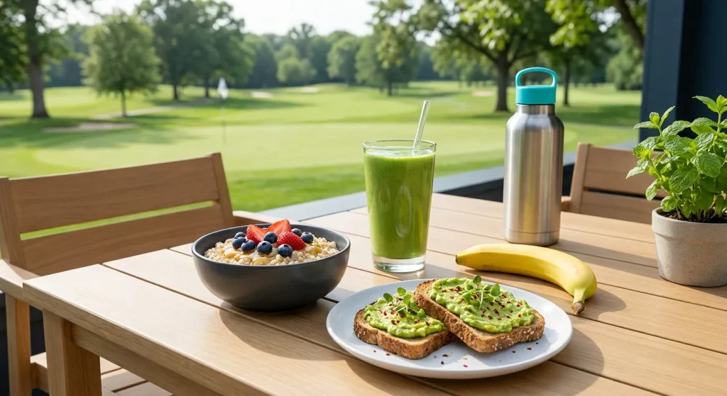 Wellness on the Green: Healthy breakfast for optimal golfer nutrition, featuring oatmeal, avocado toast, and a green smoothie