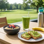 Wellness on the Green: Healthy breakfast for optimal golfer nutrition, featuring oatmeal, avocado toast, and a green smoothie
