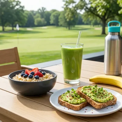Wellness on the Green: Healthy breakfast for optimal golfer nutrition, featuring oatmeal, avocado toast, and a green smoothie