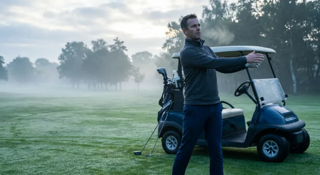 Wellness on the Green: Man warming up on a foggy golf course, practicing a swing next to a golf cart. Ideal for cold morning