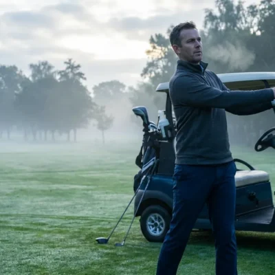 Wellness on the Green: Man warming up on a foggy golf course, practicing a swing next to a golf cart. Ideal for cold morning