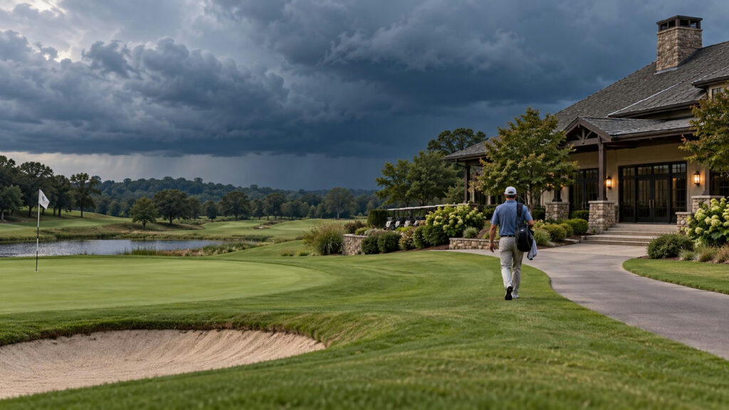 Golf lightning safety: golfer heads toward an enclosed clubhouse as storm clouds gather over the course