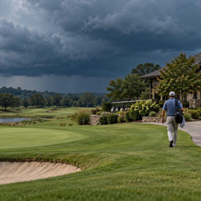 Golf lightning safety: golfer heads toward an enclosed clubhouse as storm clouds gather over the course