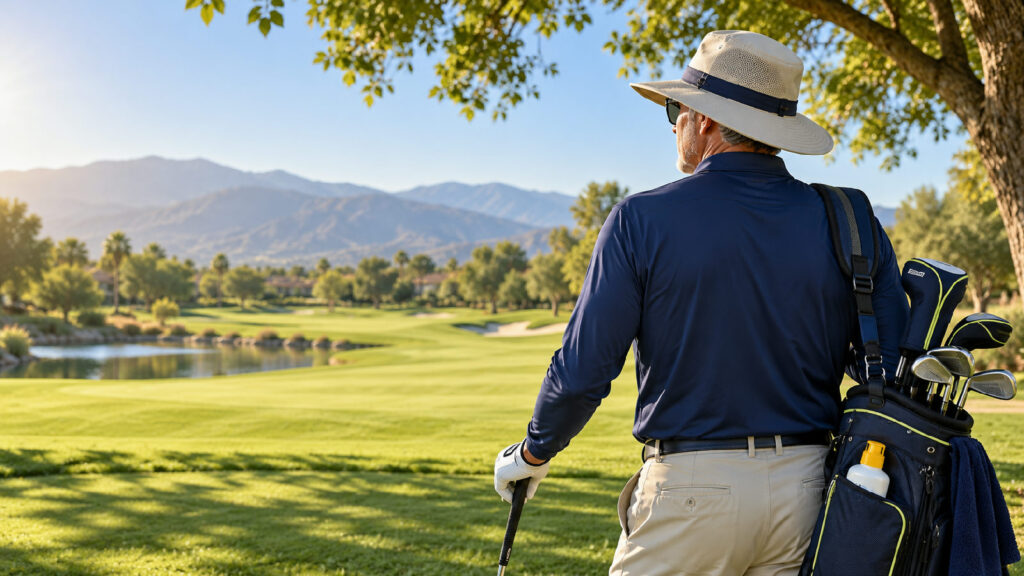 Golf sun protection with a golfer in a wide-brimmed hat and long sleeves beside a shaded fairway