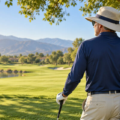 Golf sun protection with a golfer in a wide-brimmed hat and long sleeves beside a shaded fairway